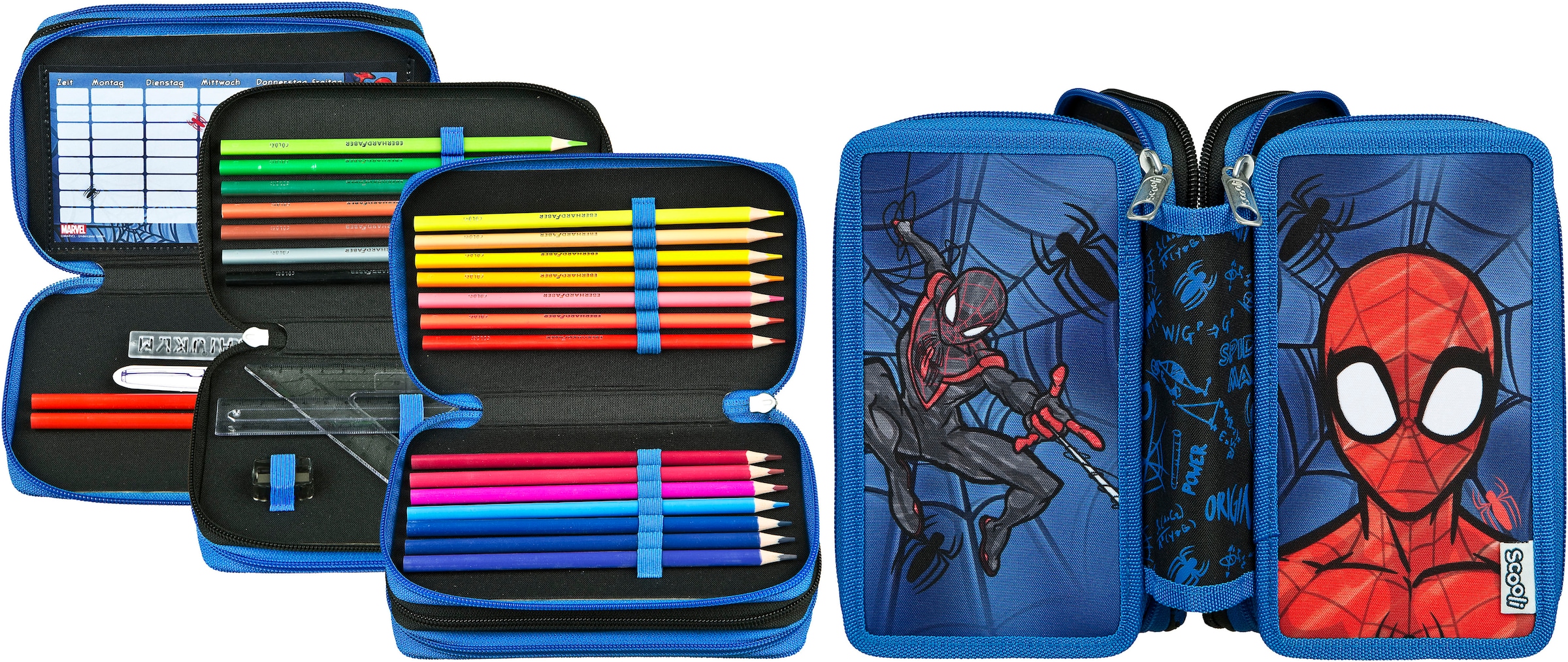 Scooli Federmäppchen »Tripledecker, Spider-Man« befüllt, inklusive Geodreieck