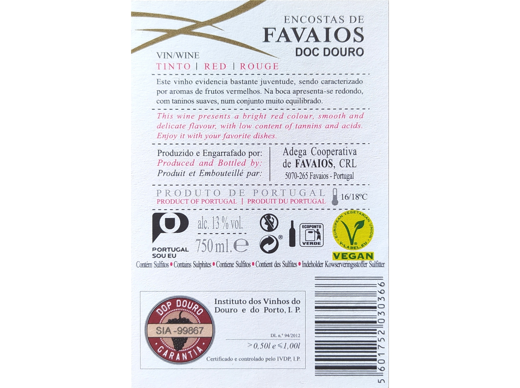 VINHO TINTO ENCOSTAS DE FAVAIOS VEGAN DOURO 0.75 L