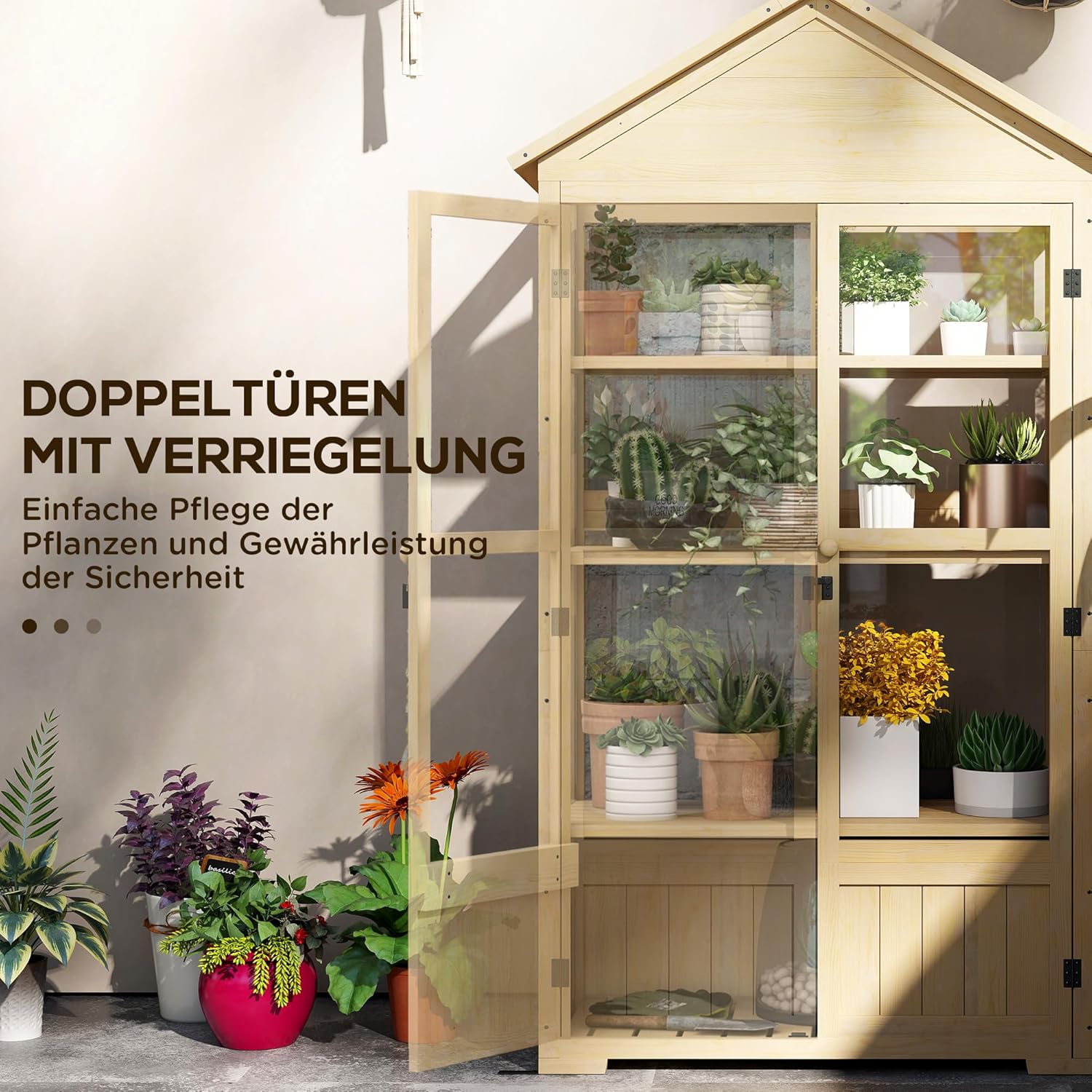 Outsunny Frühbeet aus Holz Abschließbar Gewächshaus Treibhaus mit 4 Ebenen, Dachfenster, Frühbeetkasten mit Doppeltür, für Garten, Balkon, Natur, 100 x 56,5 x 178 cm