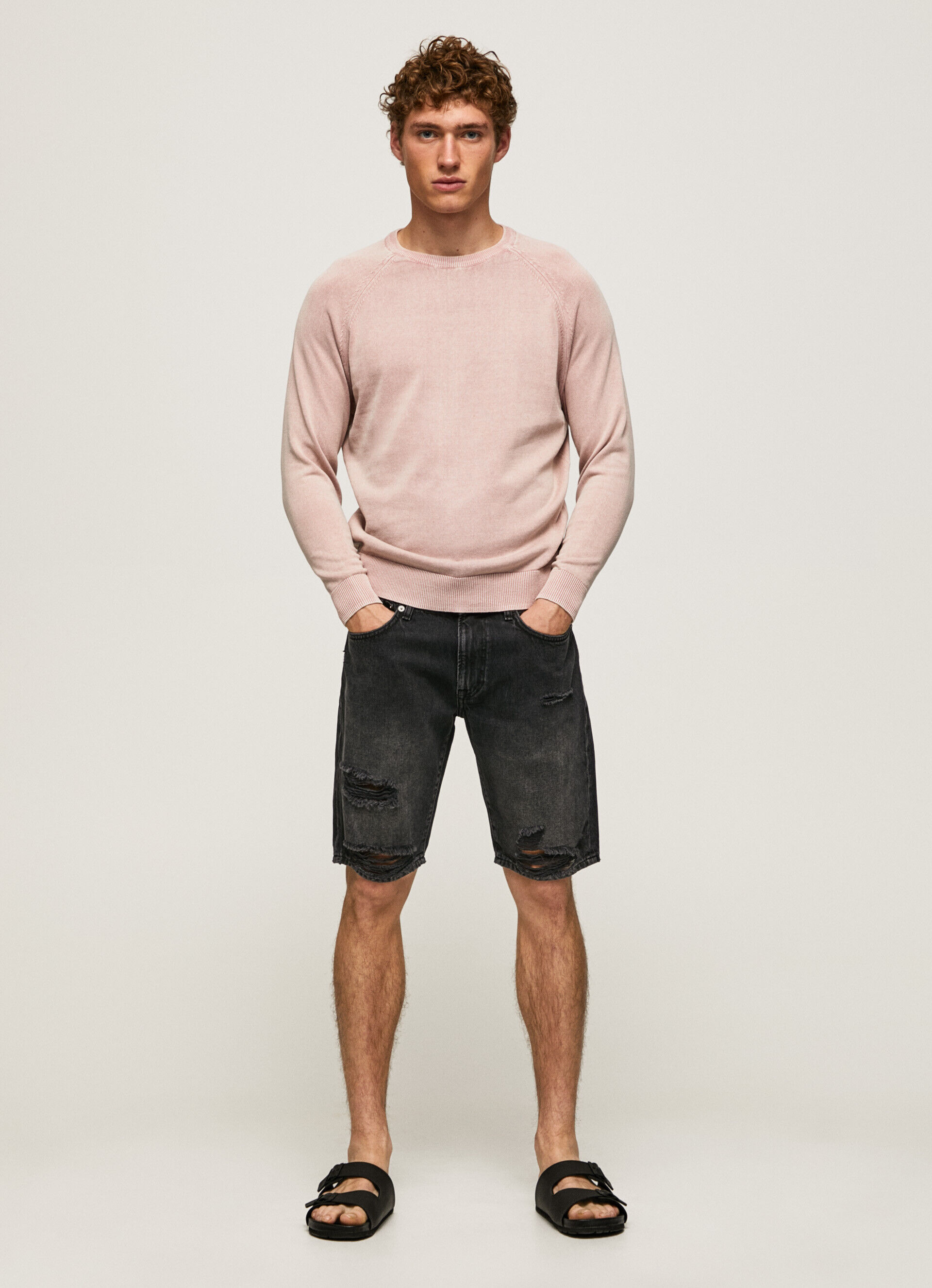 Camiseta de algodão jersey com gola redonda - rosa claro