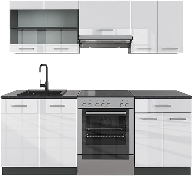 Vicco Küchenzeile R-Line, Weiß Hochglanz/Anthrazit, 200 cm ohne Arbeitsplatte