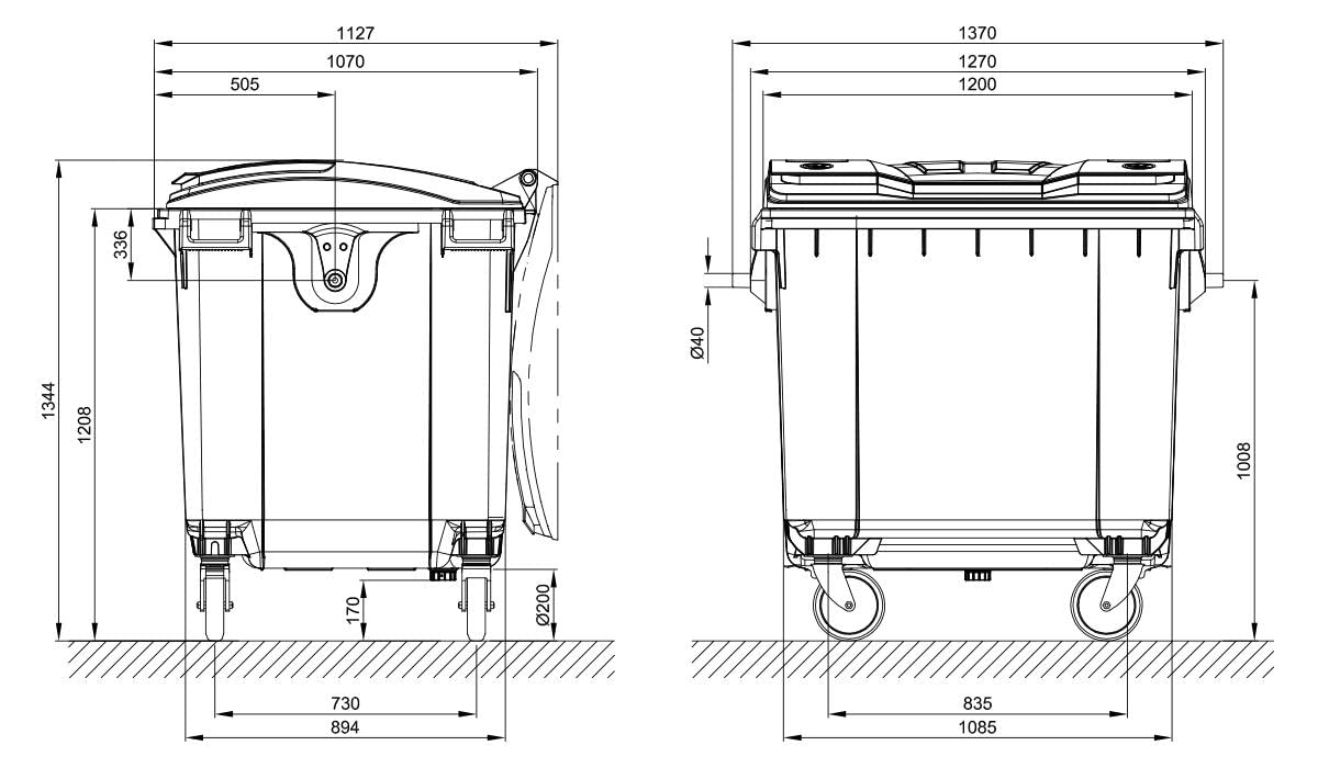 Hardwex Müllcontainer mit 4 Rädern mit Flachdeckel, Deckel im Deckel, Müllgroßbehälter, Abfalltonne, Mülltonne, Volumen: 1 100 Liter, Grau/Gelb, Größe: 1 344 x 1 370 x 1 070 mm