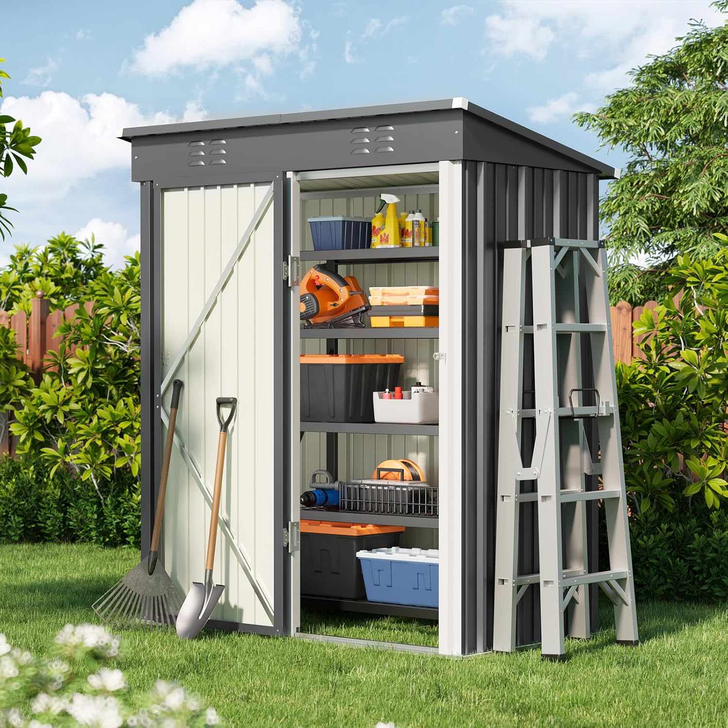 Bealife Metall-Geräteschuppen 180 x 162 x 95 cm, Geräteschuppen aus Stahl, Gartenschuppen, Lagerschuppen im Freien, Gartenhaus für Hinterhof, Terrasse, Rasen (Grau)
