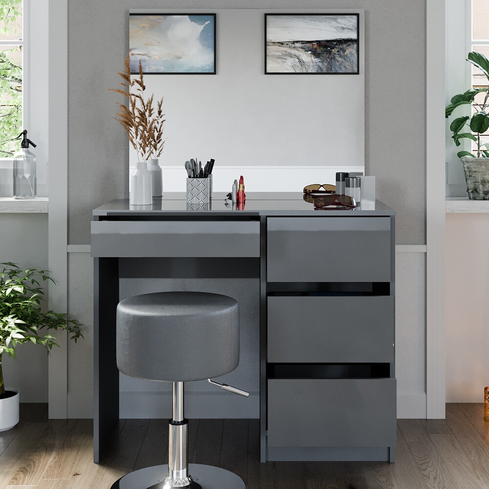 Vicco Schminktisch Sherry Grau Hochglanz, 90 x 75 cm, Spiegel, Hocker, Frisiertisch