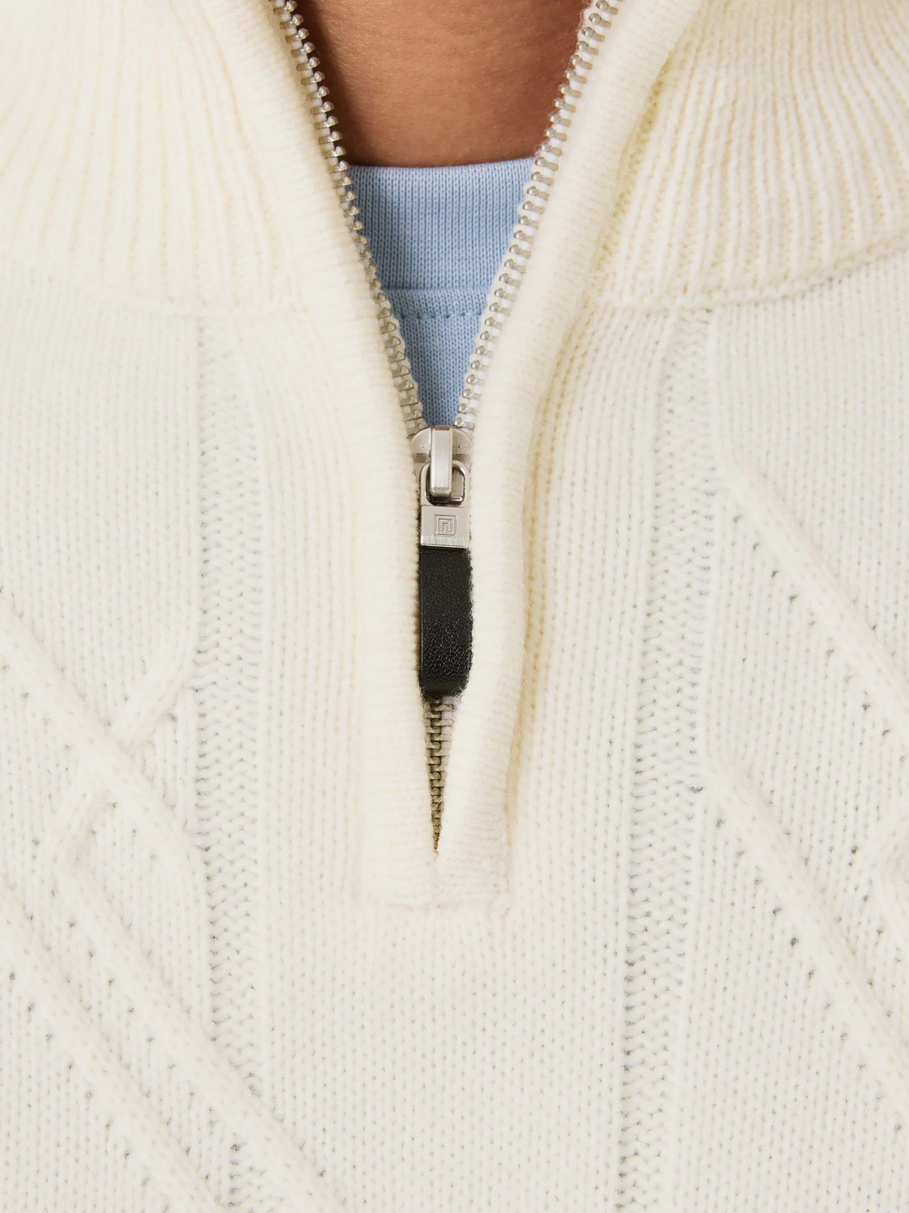 Ecru wit - Regular Fit Christmas Ski Cable Quarter Zip Neck Jumper with Wool