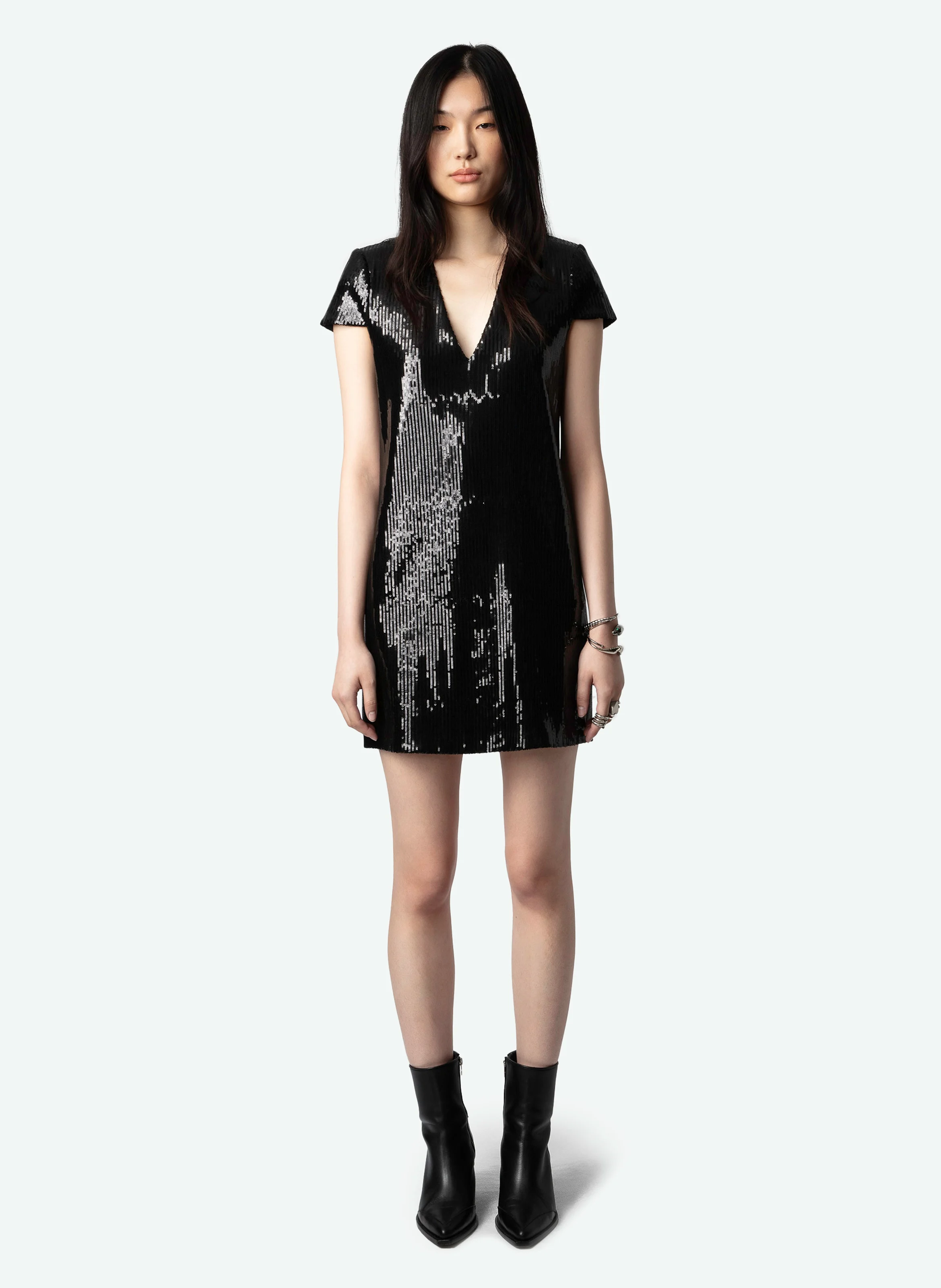 RASHU - Robe courte à sequins en coton bio mélangé | Noir