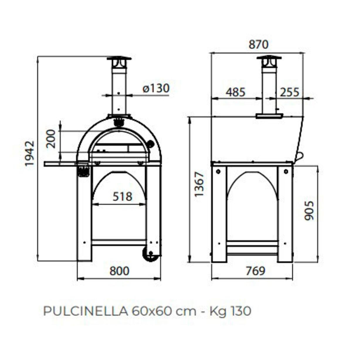 Pulcinella Vedfyrt Pizzaovn 60x60 cm, Antrasitt