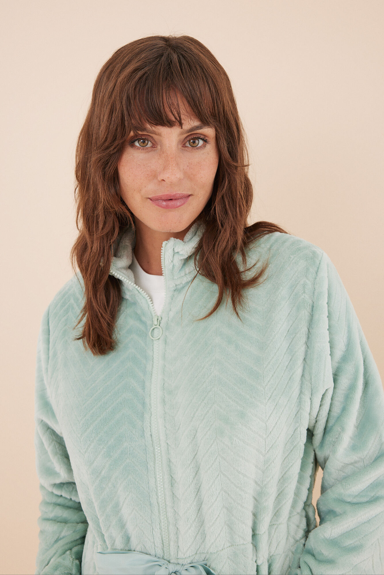 robe de lã texturizada com zíper verde