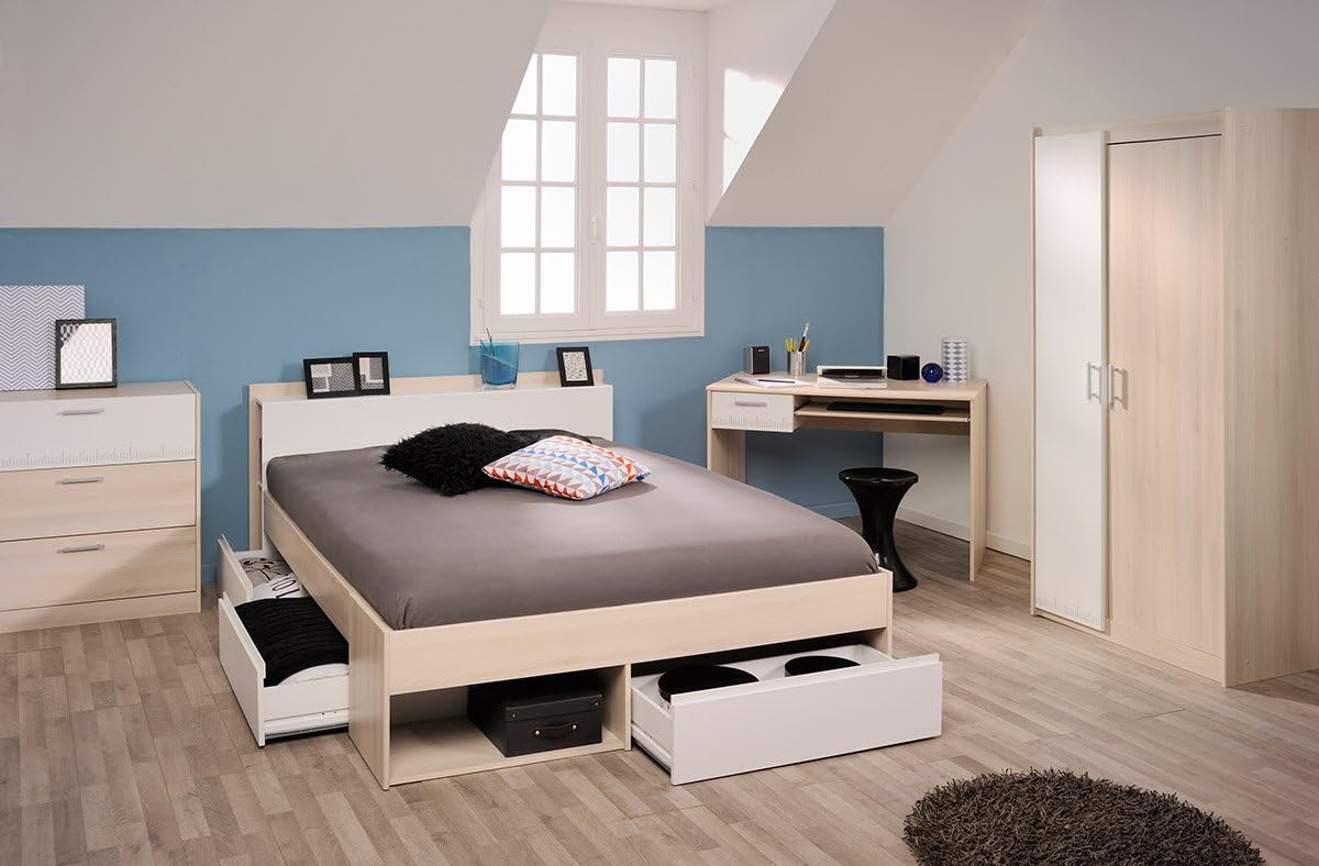 Parisot 1530L240 Bett Cuba, Spanplatten, Weiß/Akazie hell, 150 x 220 x 79,5 cm