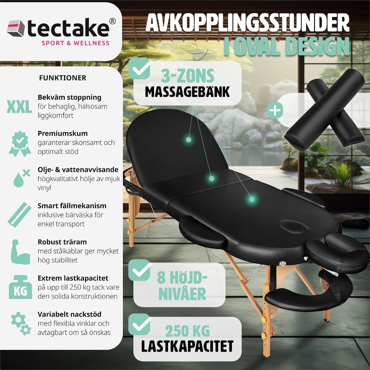 3-sone Massasjebenk oval, 5 cm polstring - svart