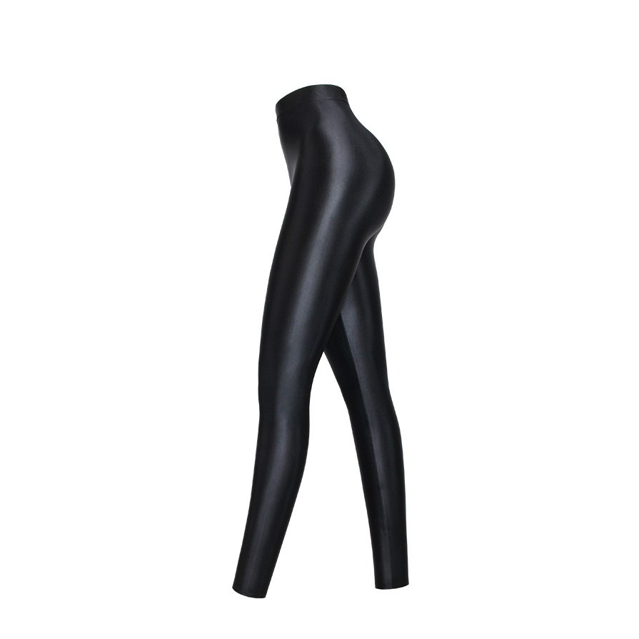 (Gr. L) Glänzende High Waist Leggings Elastische Stretch Hosen - Schwarz
