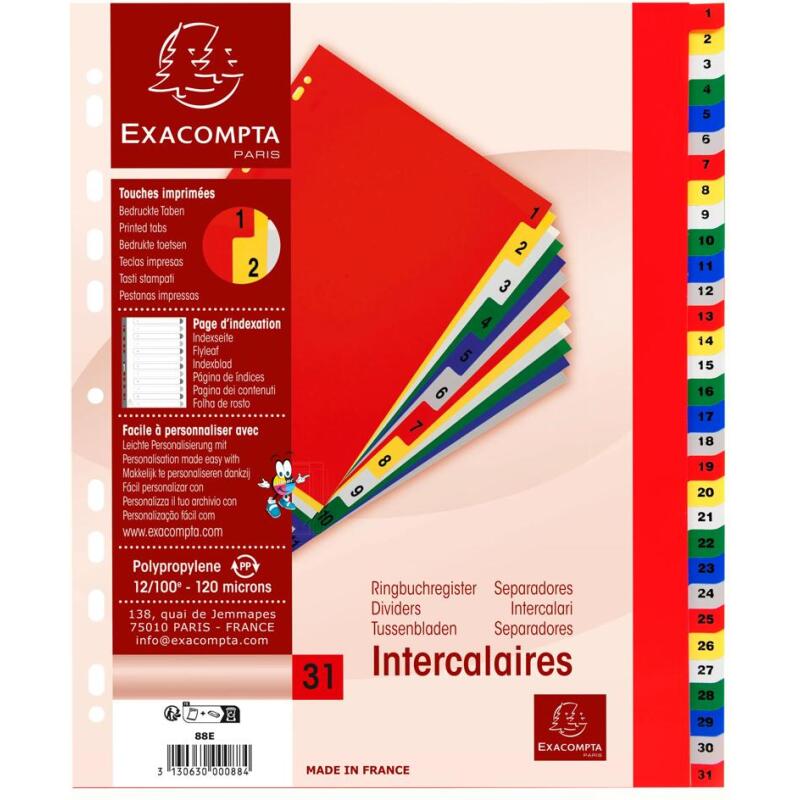 Intercalaires imprimés numériques PP couleurs 12/100e - 31 positions - A4+ - Assorties vives