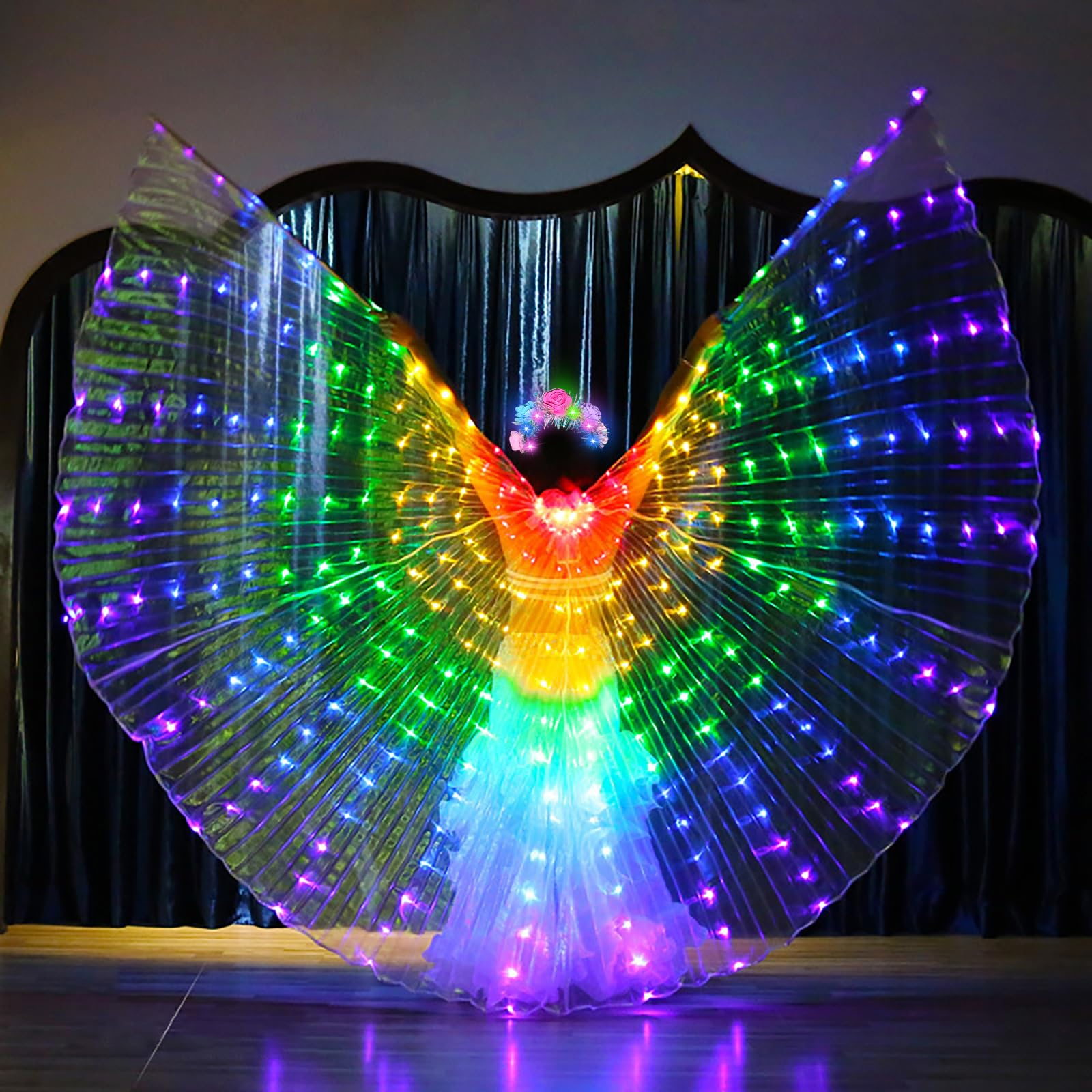(135cm) LED Fasnachts Kostüm Blinkende Schmetterlings Flügel Bauchtanz Verkleidung für Motto Partys / Halloween (Batteriebetrieben) - Regenbogen