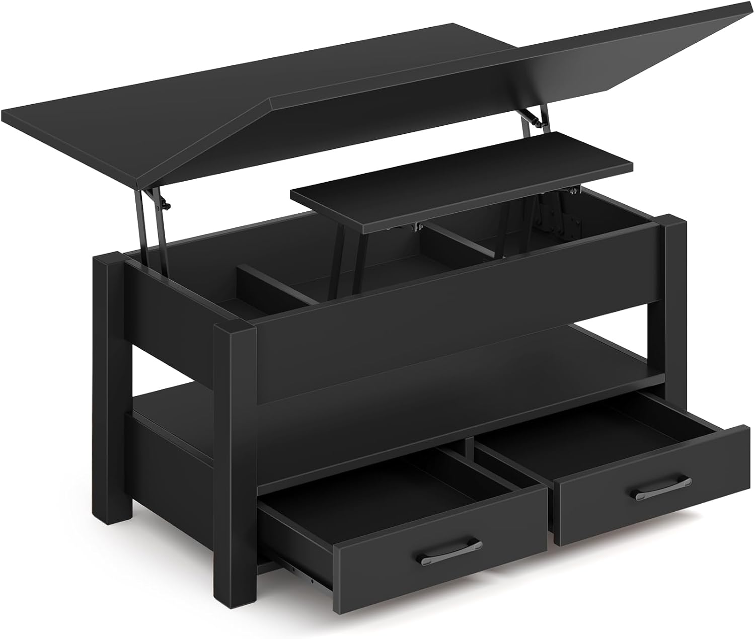 Rolanstar Couchtisch Höhenverstellbar, Wohnzimmertisch mit Schublade & verstecktem Fach, Kaffeetisch umwandelbar in Esstisch, 100 x 50 cm Sofatisch aus Holz, schwarz