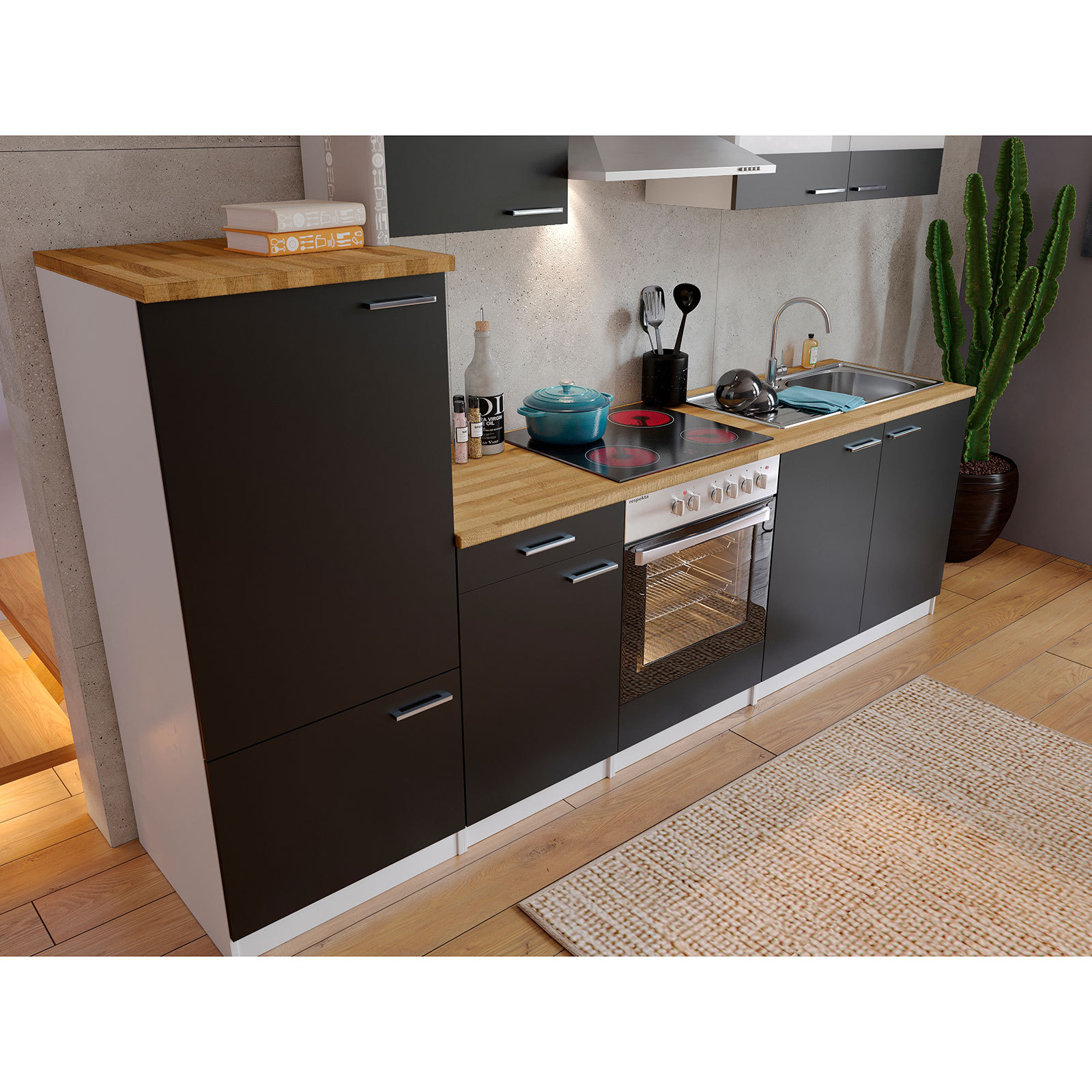 RESPEKTA Küchenblock - schwarz-weiß - mit E-Geräten - 270 cm