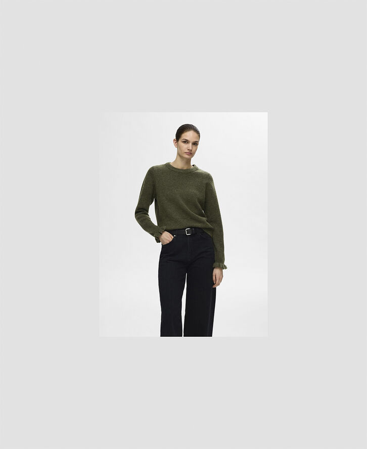 Selected Femme SLFLULU LS WOOL KNIT FRILL CUFF O-NECK N Kalamata/melange