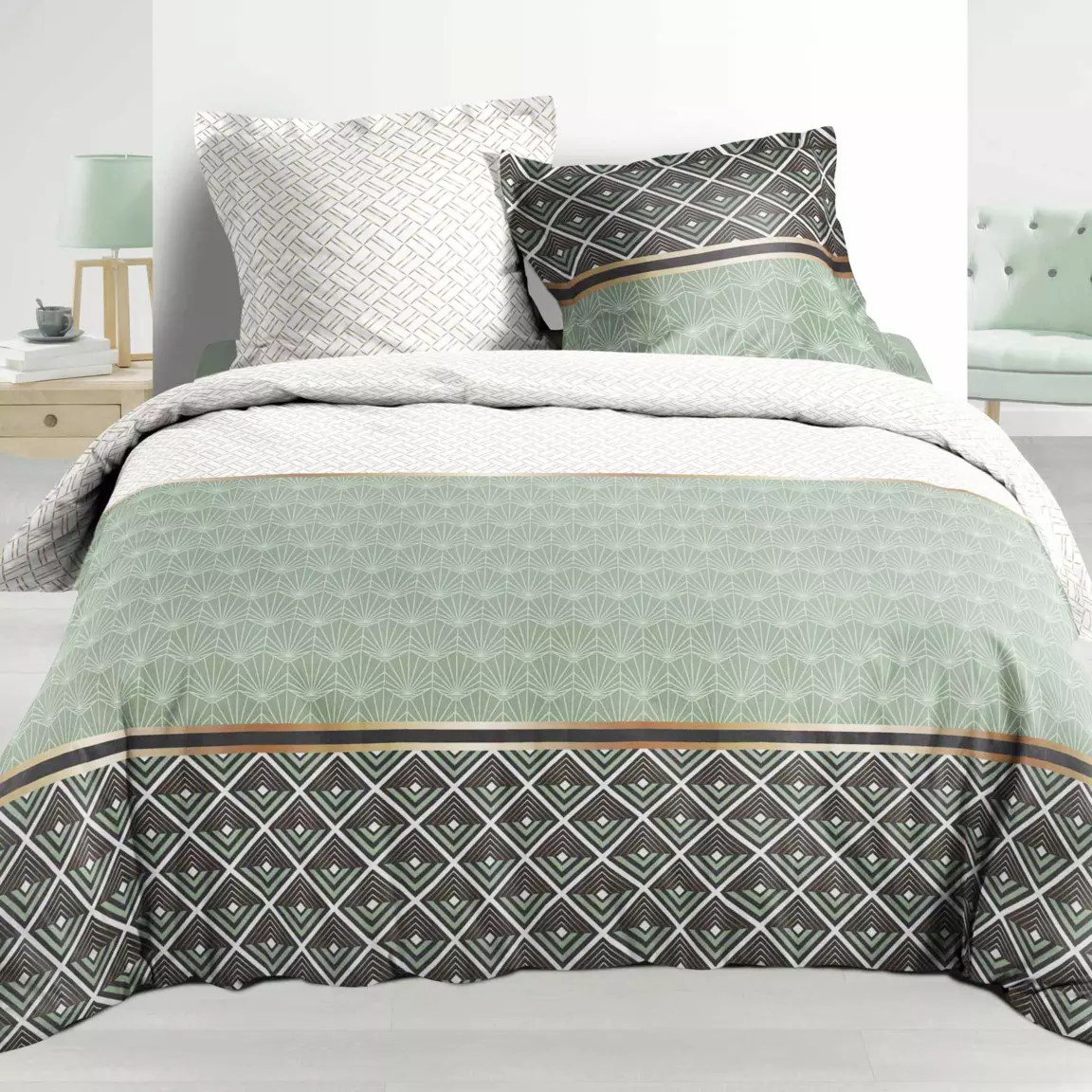 Housse de couette et deux taies percale de coton (240 x 220 cm) Belor Verte
