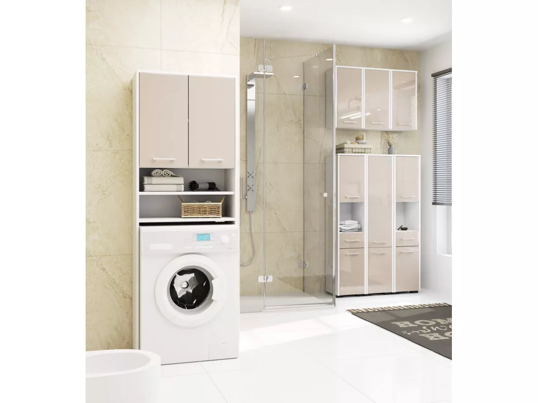 meuble machine a laver 2 portes façade cappucino brillant 4 étagères 64x30x180 cm