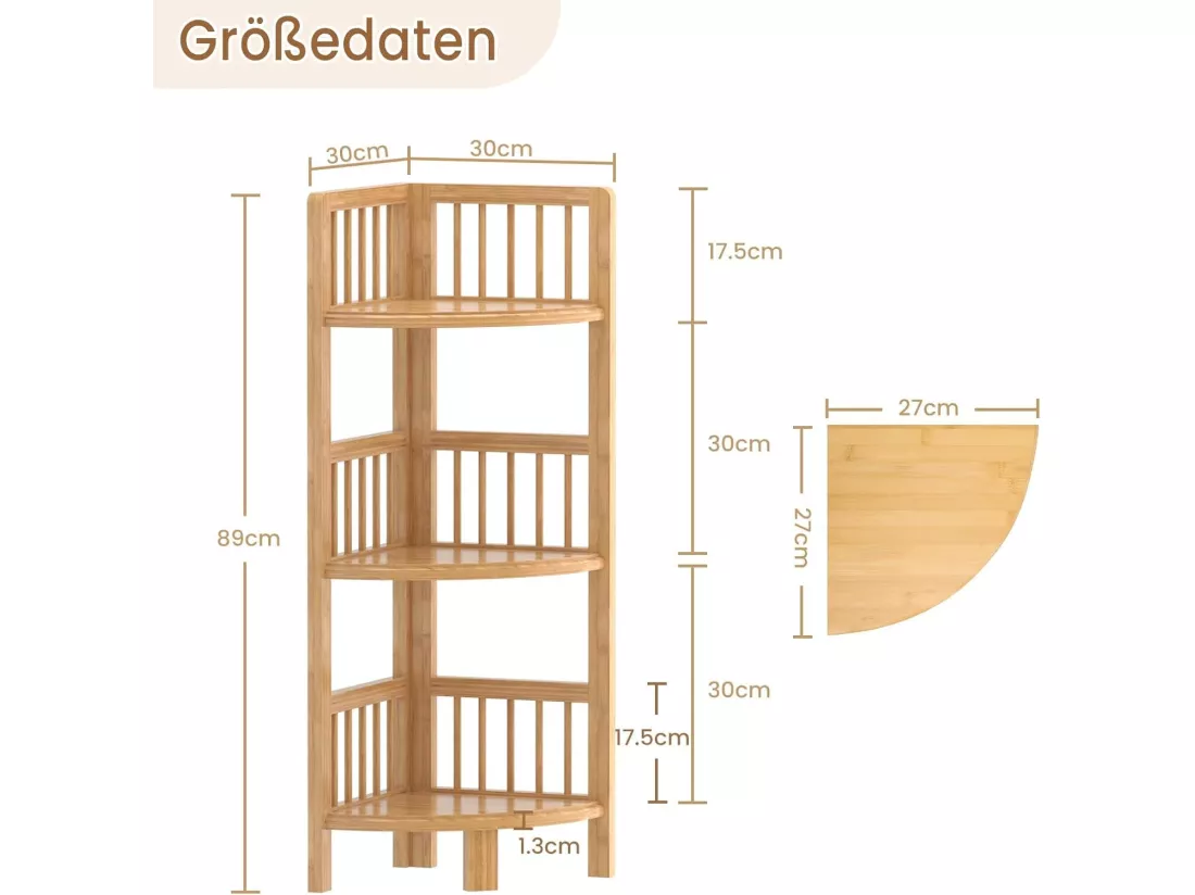 Etagère d'angle 3 niveaux en bambou,Étagère de Rangement pour Salon Salle de Bain Cuisine Balcon Couloir 89 x 30 x 30 cm - Naturel