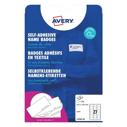 Kongresmærker Avery 63,5x29,6 mm hvid selvklæbende navneskilte - (20 ark x 27 stk.)