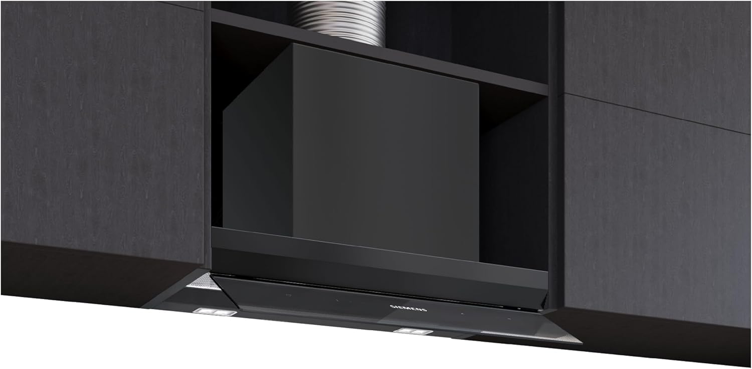 Siemens LJ67BDP60 iQ500, Integrierte Designhaube, 60 cm, Made in Germany, Nahtlose Integration, iQdrive Motor, Intelligente Dunstabzugsautomatik, Glasschirm, Klarglas schwarz bedruckt, Mattschwarz