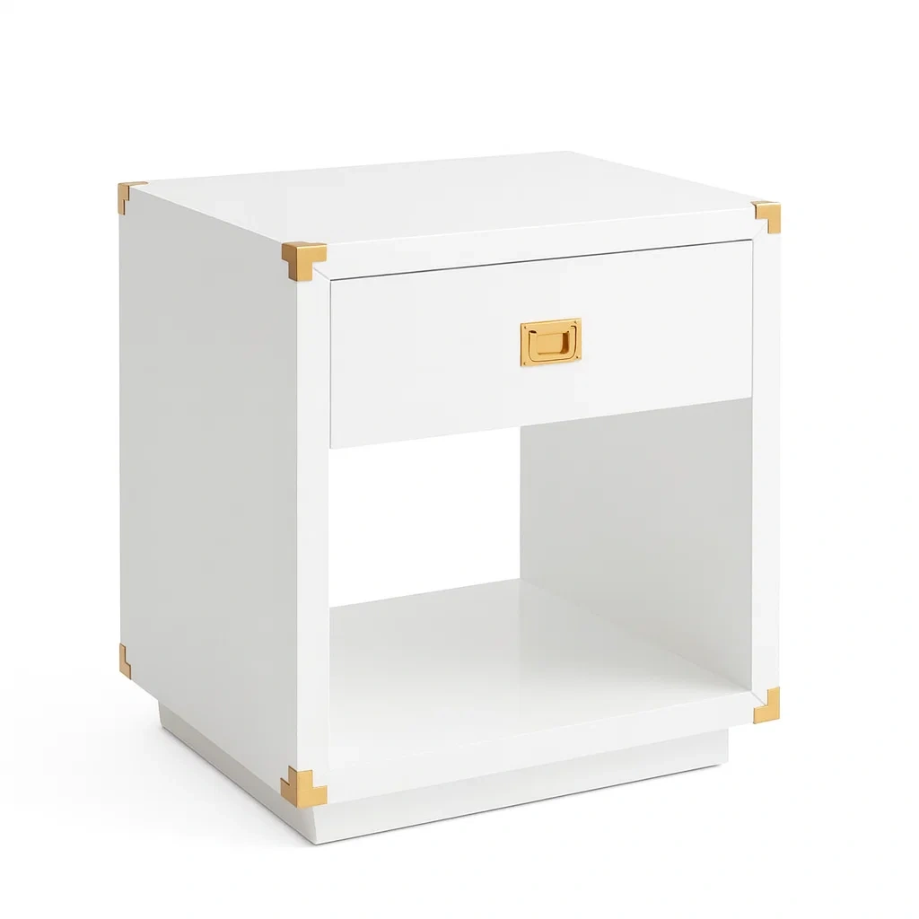 Table de chevet en bois blanc avec accents dorés 60 x 45 x 45 cm