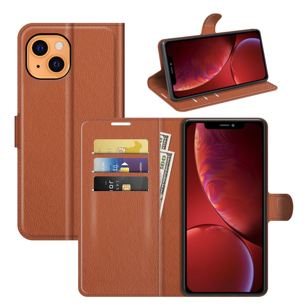 iPhone 13 Leder Tasche Flip Cover Litchi Look - Braun