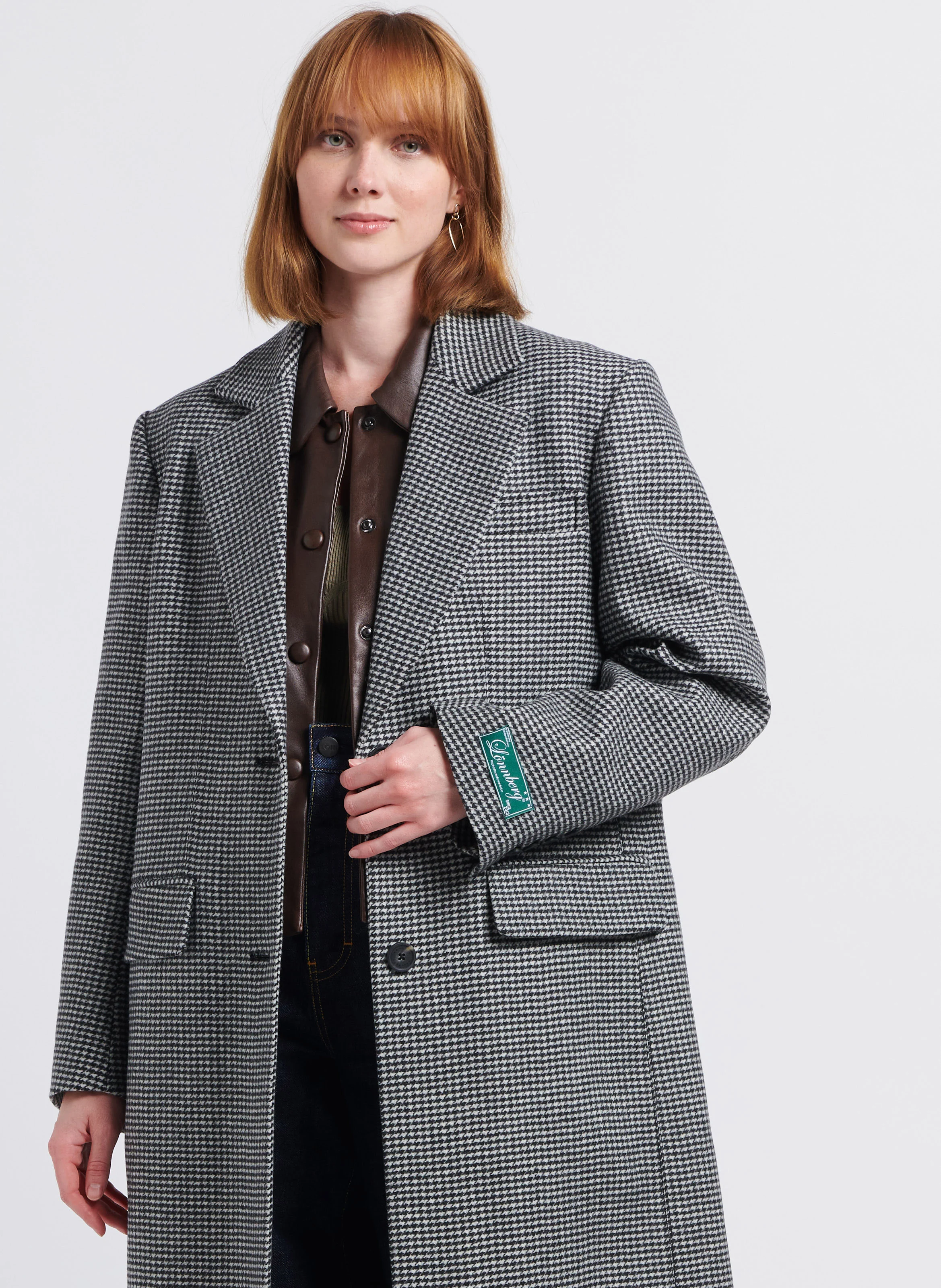 SHARIE - Manteau long col tailleur motif pied-de-poule en laine vierge mélangée| Gris