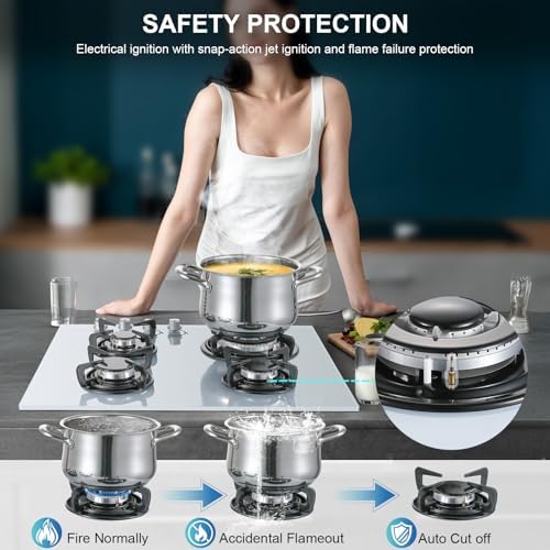 TopStrong Plaque de Cuisson Gaz 4 Feux, 60cm Plaque Gaz 4 Feux avec Sécurité Thermocouple, Cuisinière Encastrable, Naturel/Propane, 8060W, 220 240 V, Verre Noir : Gros électroménager