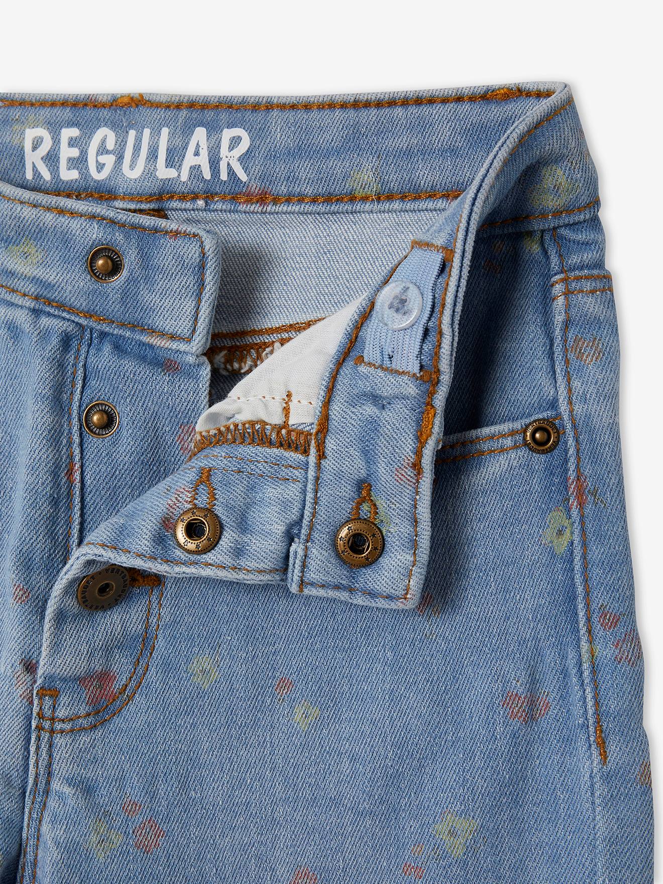 Calça jeans reta com detalhes desgastados, para menina, lavagem azul média