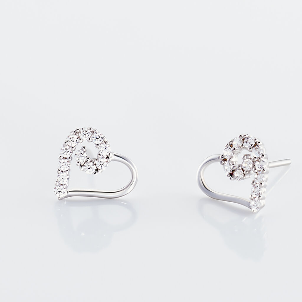 Boucles D'oreilles Puces Daria Cœur Or Blanc Oxyde De Zirconium