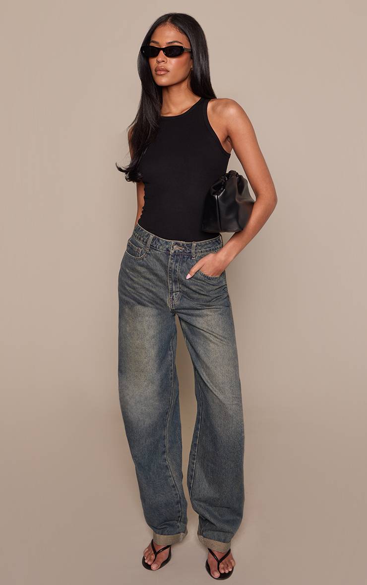 Délavage Vintage Jean Tall Taille Haute Style Barrel Avec Ourlet Retroussé