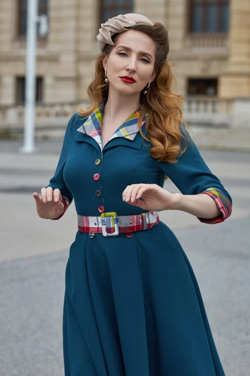 Miss Candyfloss Abena Kat tartan swing jurk in petrolblauw