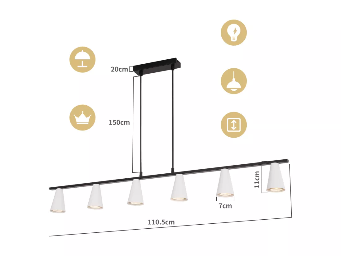 NETTLIFE Suspension table à manger lampe suspendue 6 ampoules - lampe de table à manger suspendue blanc moderne noir GU10 métal