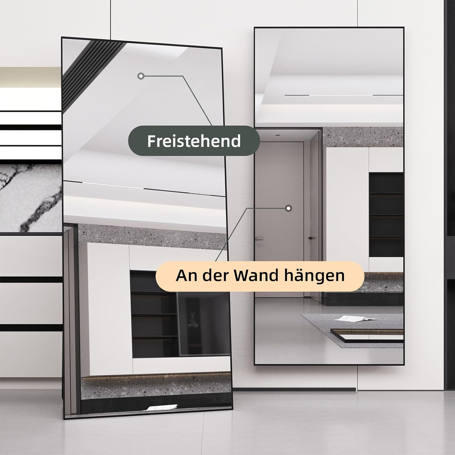 Ganzkörperspiegel Standspiegel 180x80cm mit Schwarz MetallrahmenBodenspiegel HD Spiegel Groß Wandspiegel mit Haken für Wohn-, Schlaf- und Ankleidezimmer