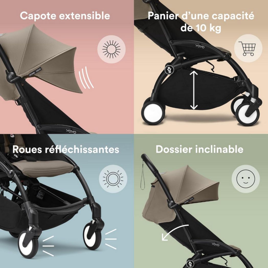 Poussette Stokke YOYO3 avec pack nouveau-né et pack couleur 6+ - Comprend un cadre noir, un pack couleur YOYO 6+ (gingembre) et un pack nouveau-né 0+ (gingembre)