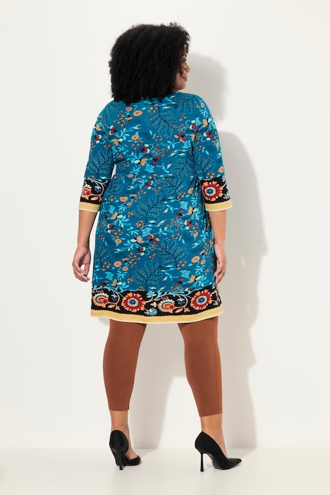 Jerseykleid, Blüten, A-Linie, V-Ausschnitt, 3/4-Arm
