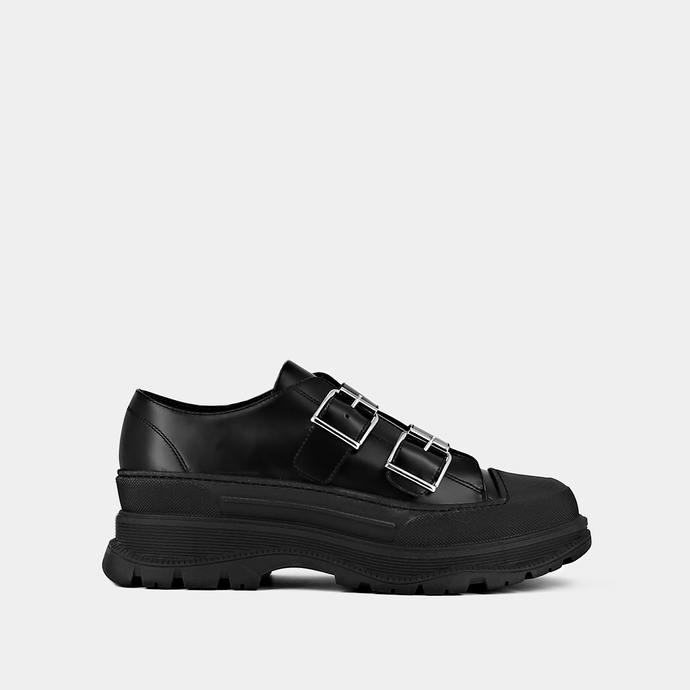 Derbies à boucles et semelles épaisses  en cuir glacé noir