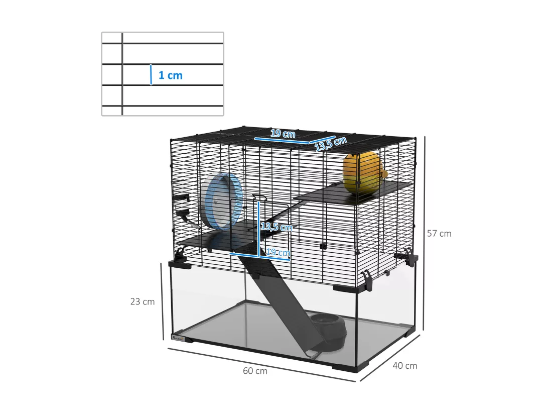 Cage rongeur hamster, 3 niveaux avec roue, rampes, maisonnette, abreuvoir, mangeoire, 60L x 40l x 57H cm, noir