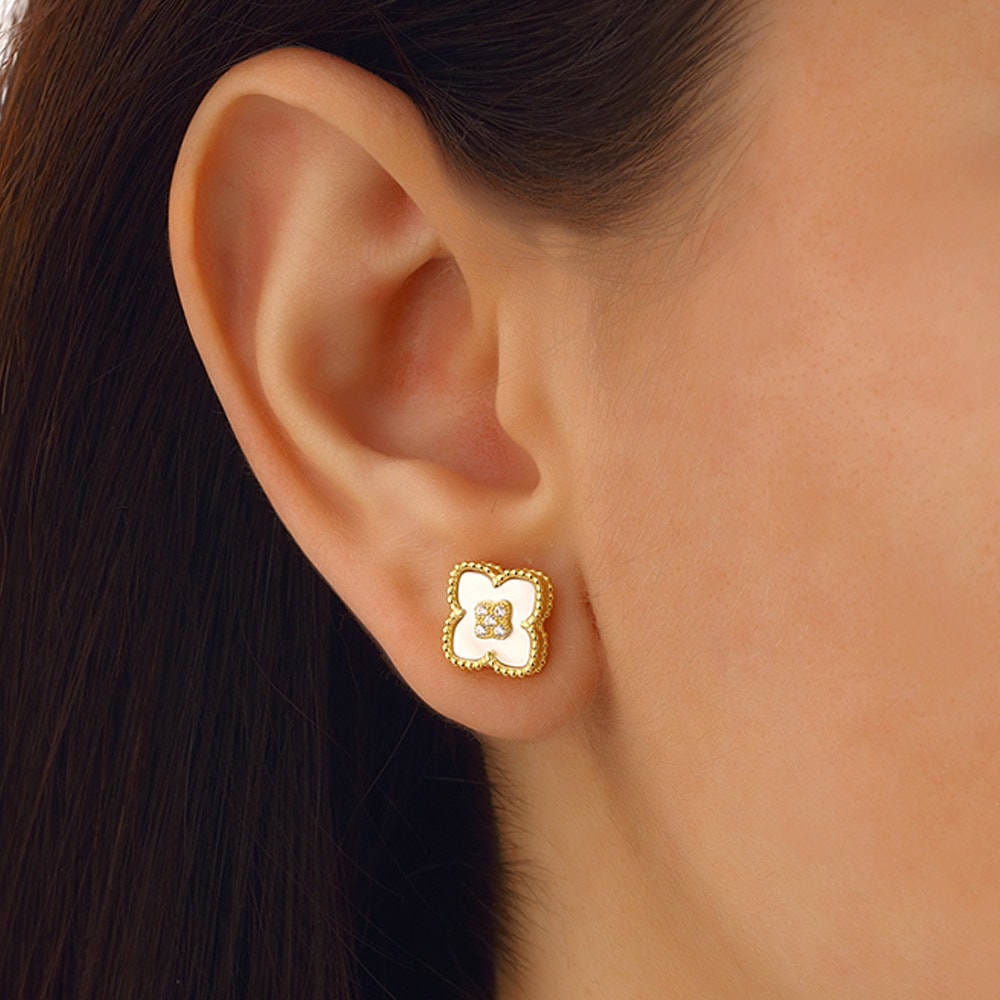 Boucles d’oreilles trèfle doré - Nacre blanche & zircon