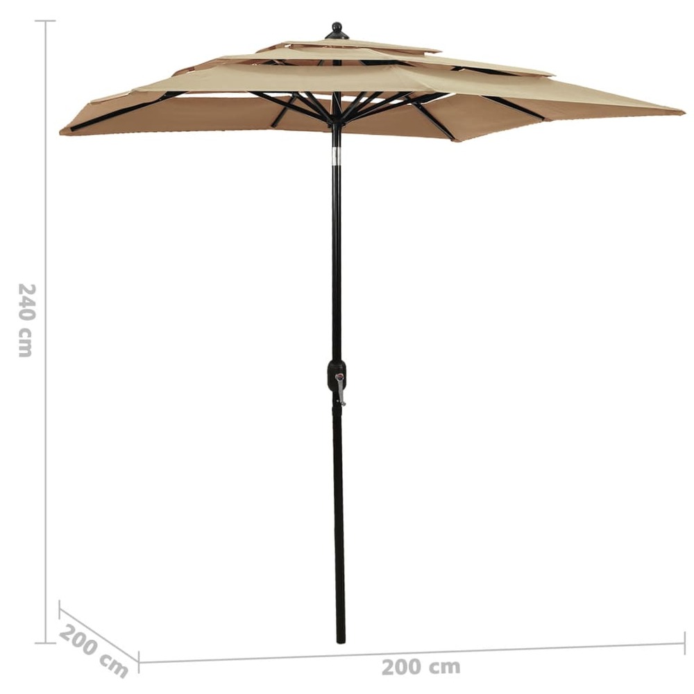 Parasol à 3 niveaux avec mât en aluminium 2 x 2 m taupe