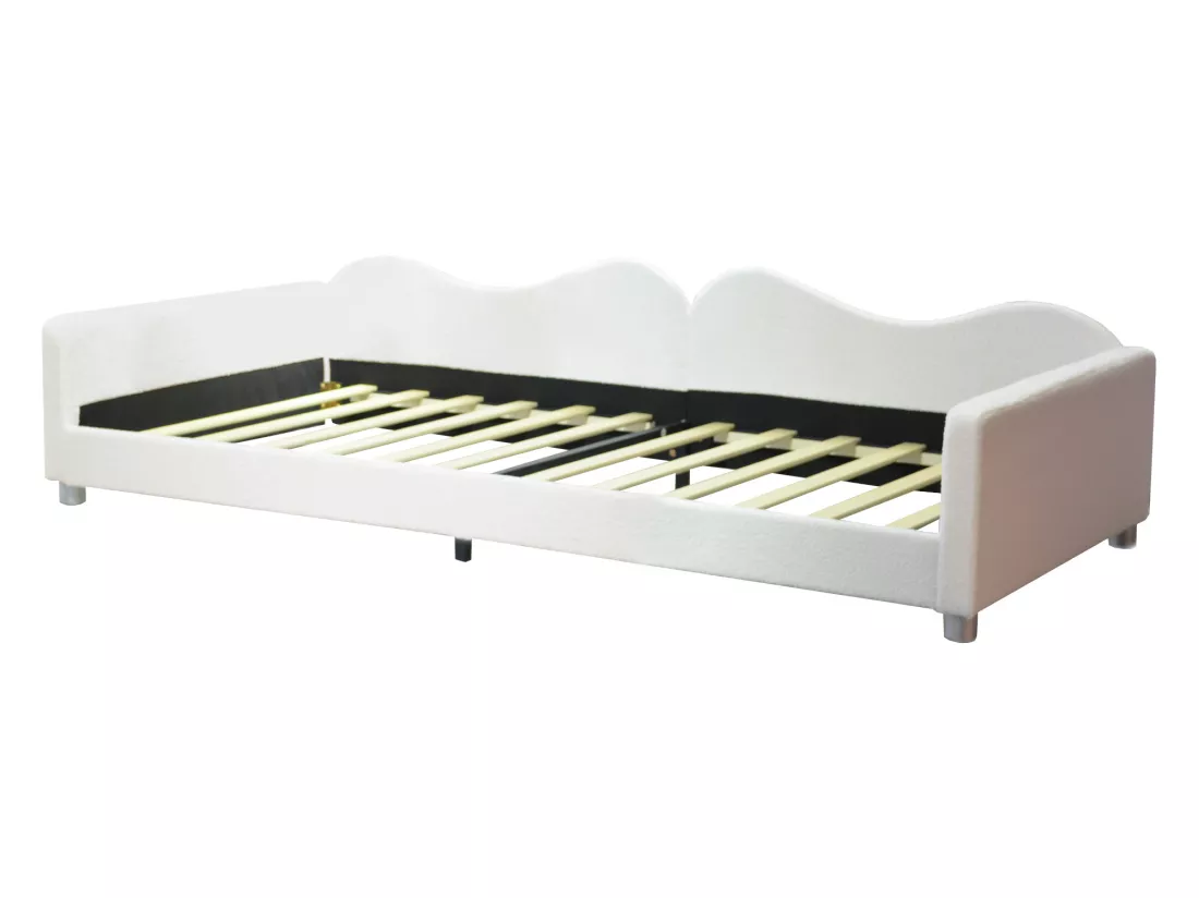 Lit banquette capitonné - 90 x 200 cm - 2 tiroirs - tissu peluche - sommier à lattes - pour enfant ou bébé - blanc
