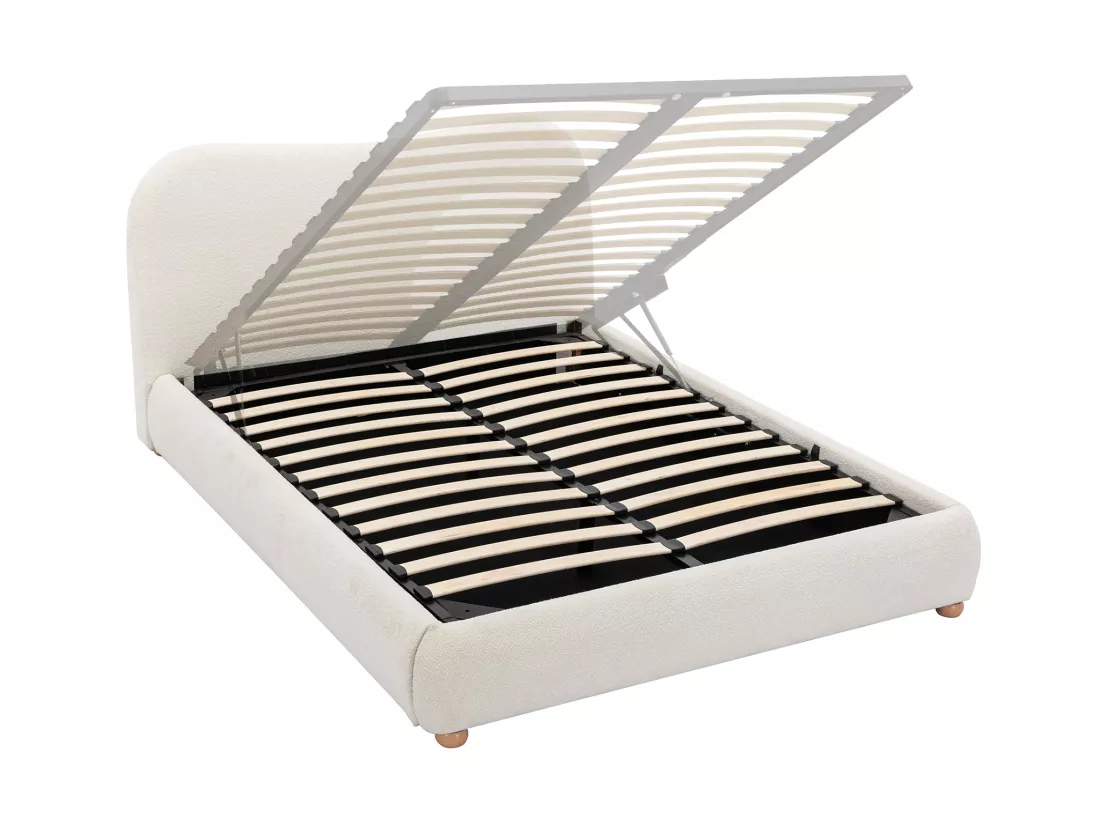 Lit coffre 160 x 200 cm - Tissu bouclette - Blanc + Matelas - VANARI