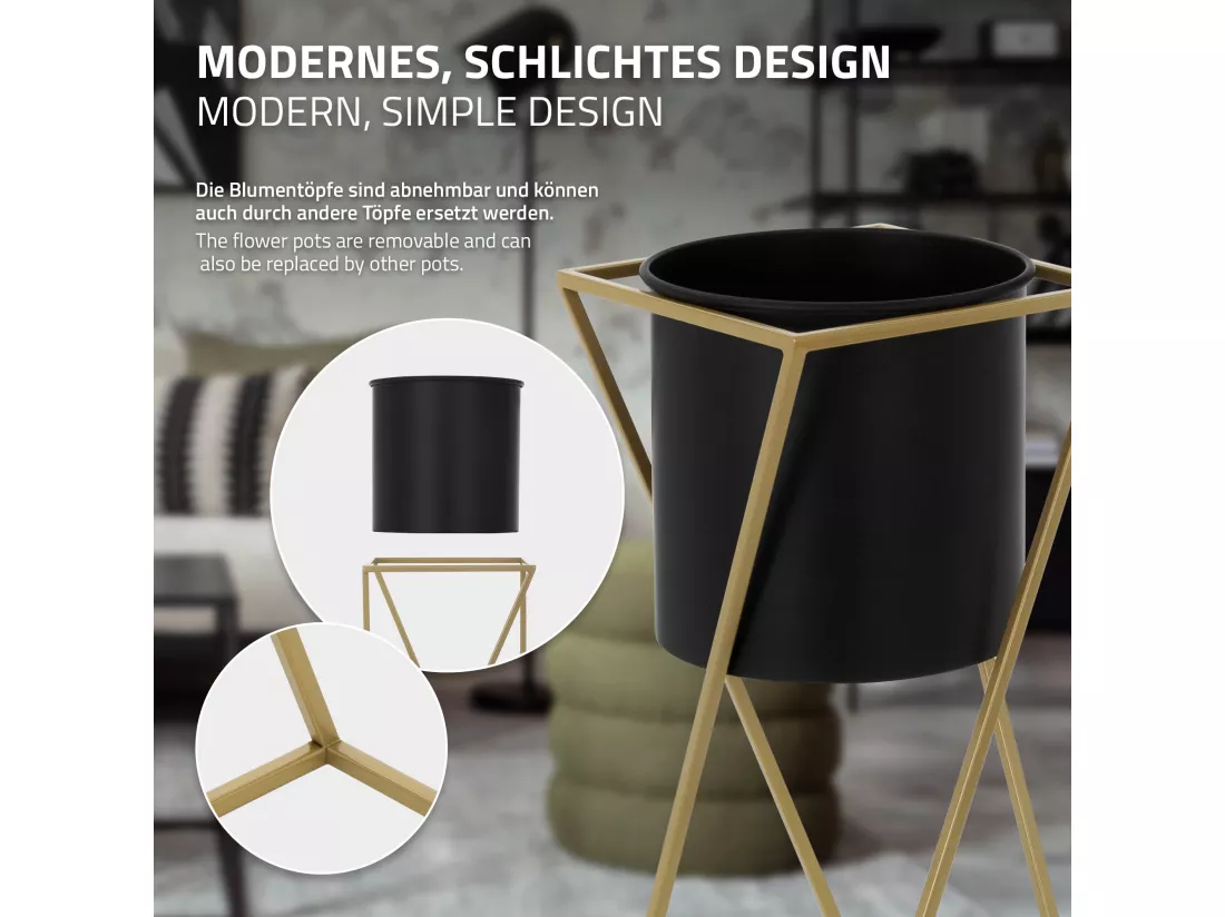 ML-Design Support pour fleurs, set de 2, noir-or, 21x21x51/24x24x70,5 cm, acier, support pour pots de fleurs avec cache-pot, support pour plantes en métal, support pour pots de fleurs 2 pièces, pot de plantes déco colonne de fleurs tabouret pour fleu