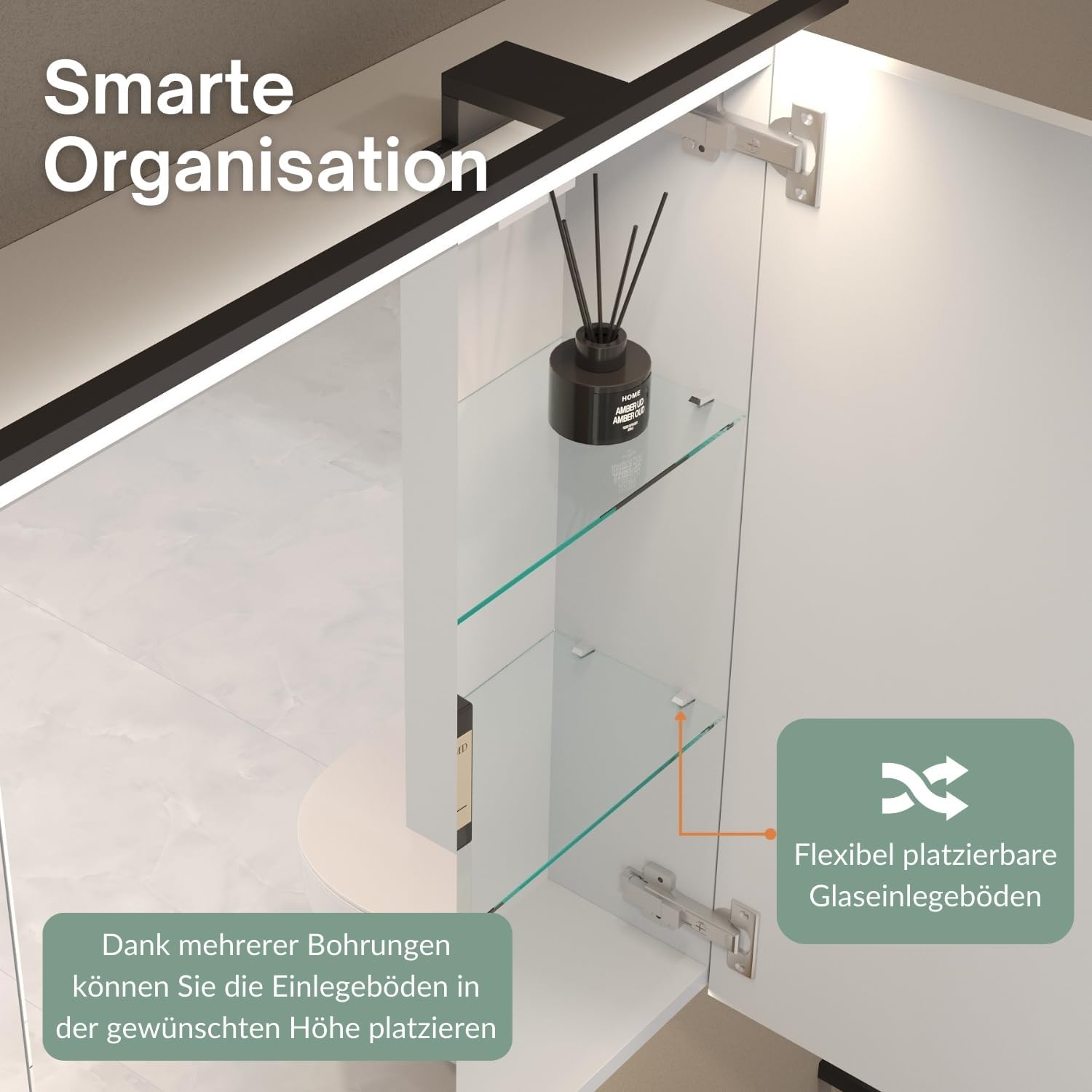 Planetmöbel ARIA Spiegelschrank Bad mit Beleuchtung 120 cm breit | Badschrank hängend mit Spiegel | Weiß Grau, mit Leuchte und Steckdose, Spiegelschrank Gäste WC 120 x 70 x 16 cm