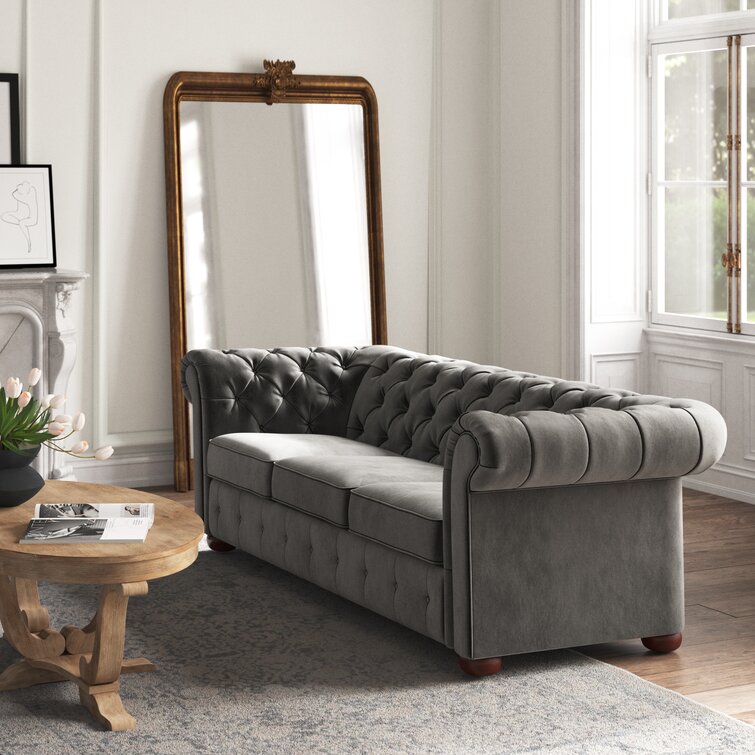 Alena 91.25&rdquo; Velvet Rolled Arm Chesterfield Sofa