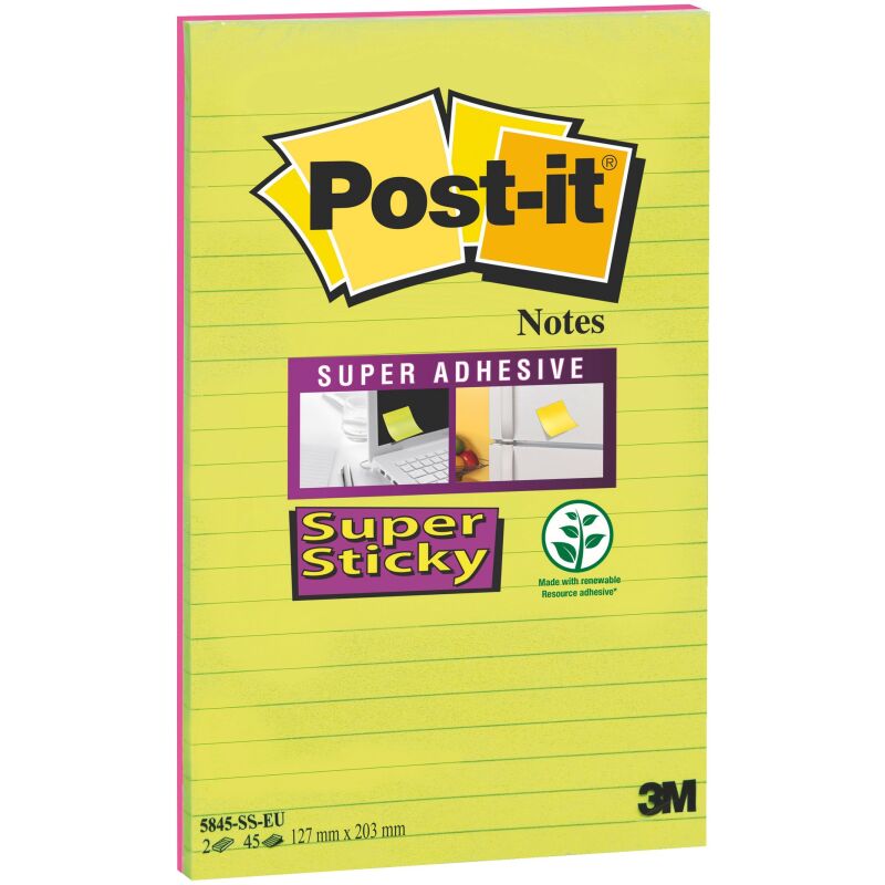 Notes lignées repositionnables couleurs Néon Super Sticky Post-it 127 x 203 mm assortis - bloc de 45 feuilles