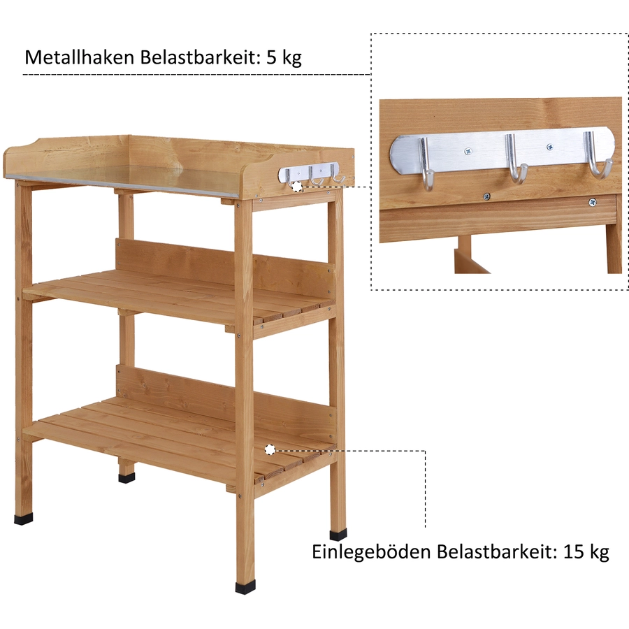 Outsunny Gärtnertisch mit Metall-Arbeitsfläche natur