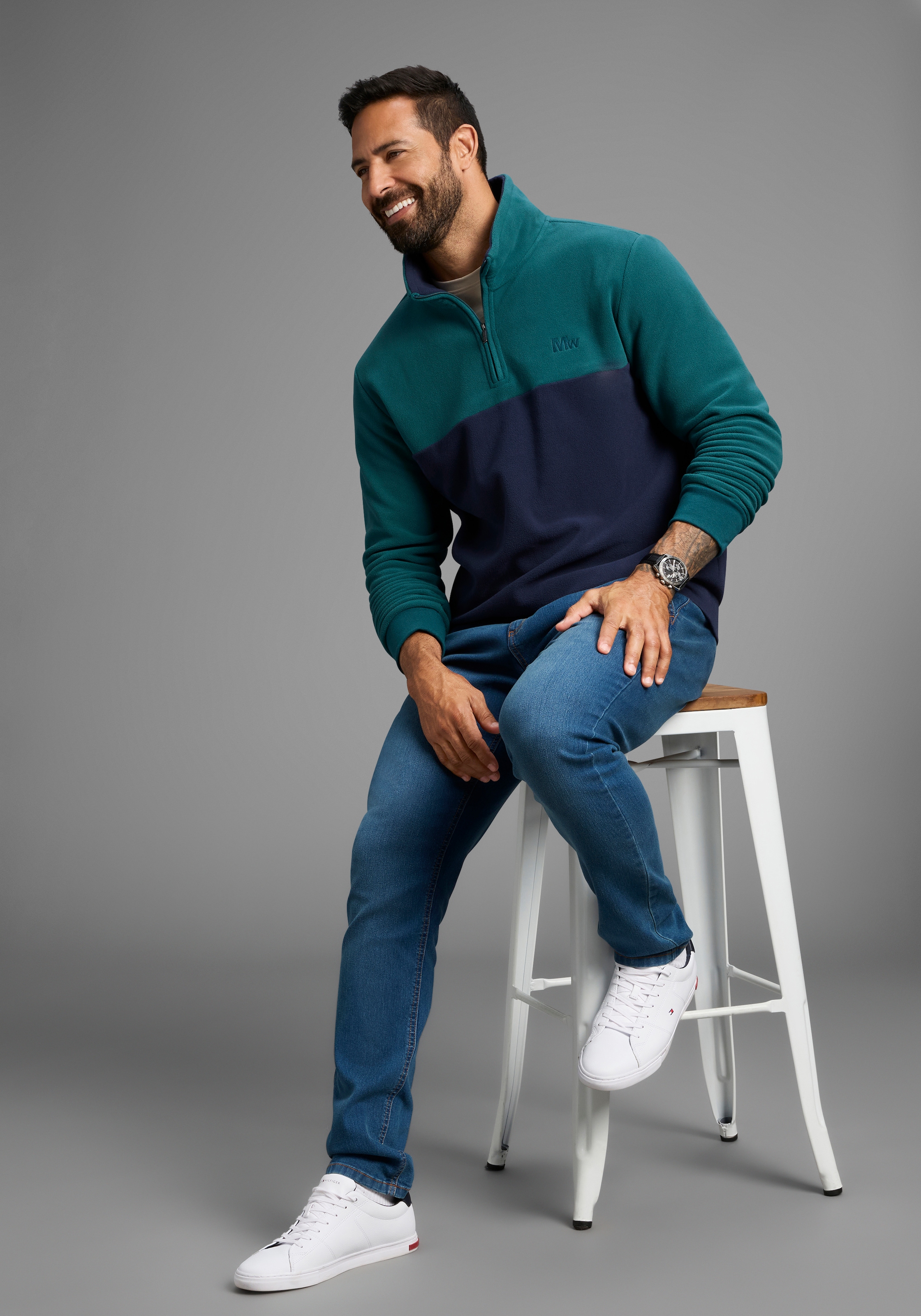 Man's World Fleecepullover , Troyer mit Kontrast-Part, ideal für den Übergang