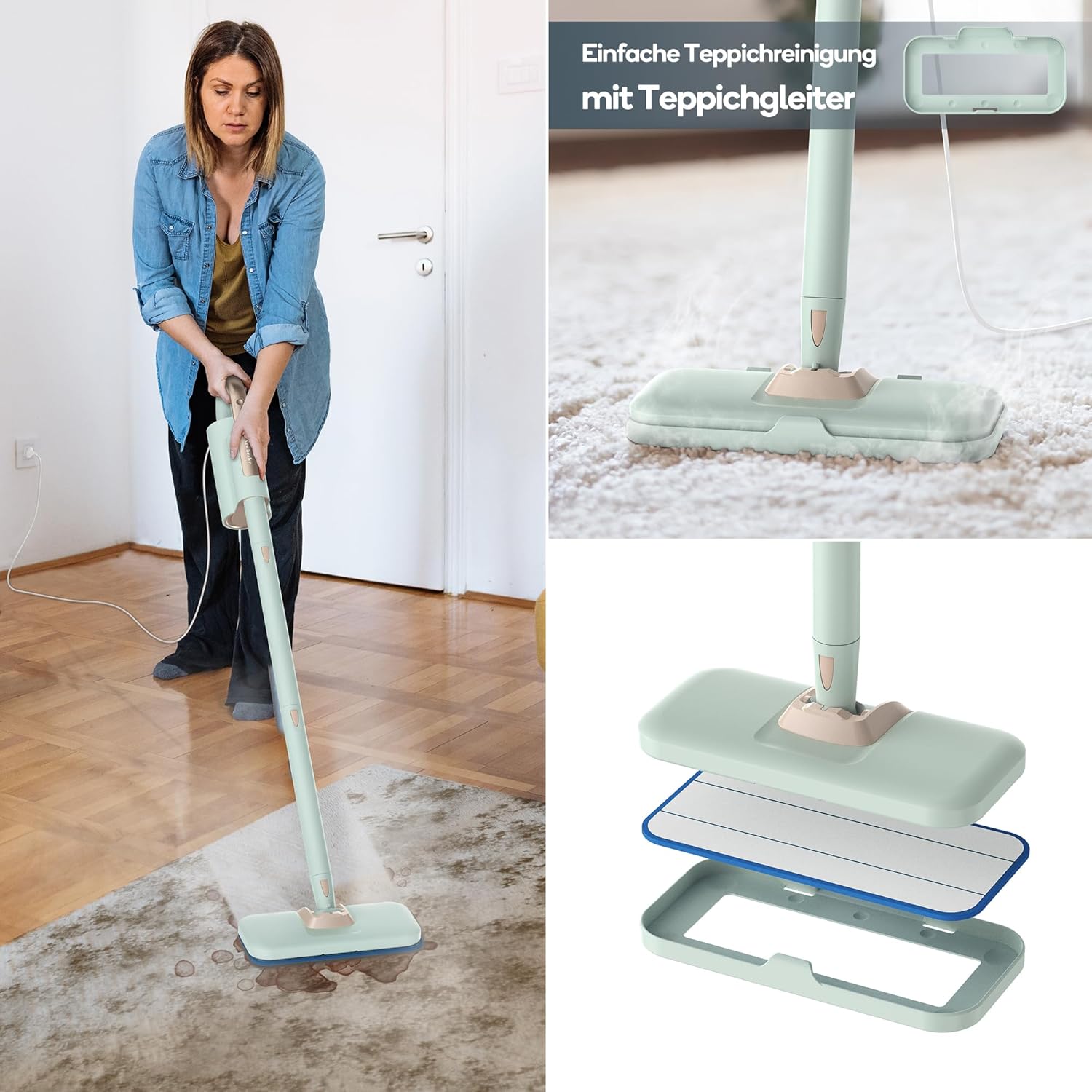 Newbealer 2-in-1 Dampfreiniger, 1200W Handgerät mit abnehmbarem Reiniger, 3 Dampfstufen, 7 Zubehörteile und 2 Mikrofaserpads, Ideal für Alle Böden, Teppiche